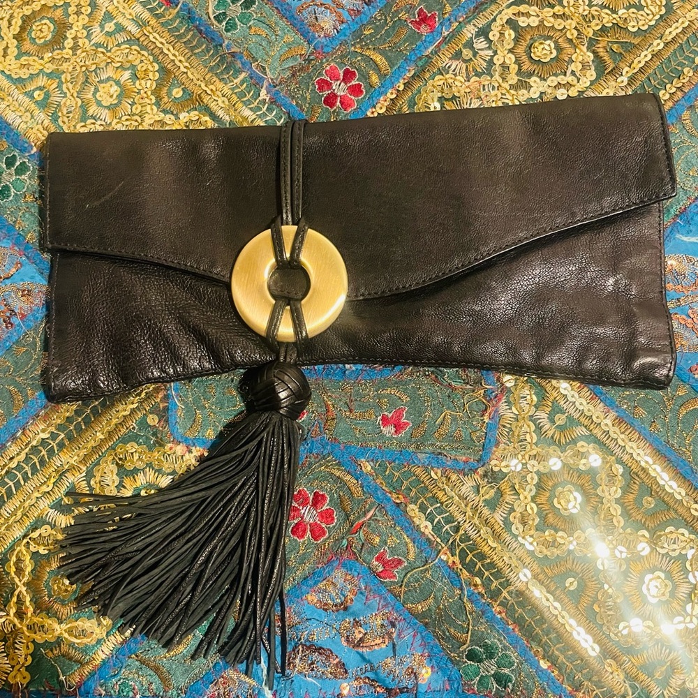 Alexis Hudson Black Calf Leather Clutch with Gold Ring with Tags